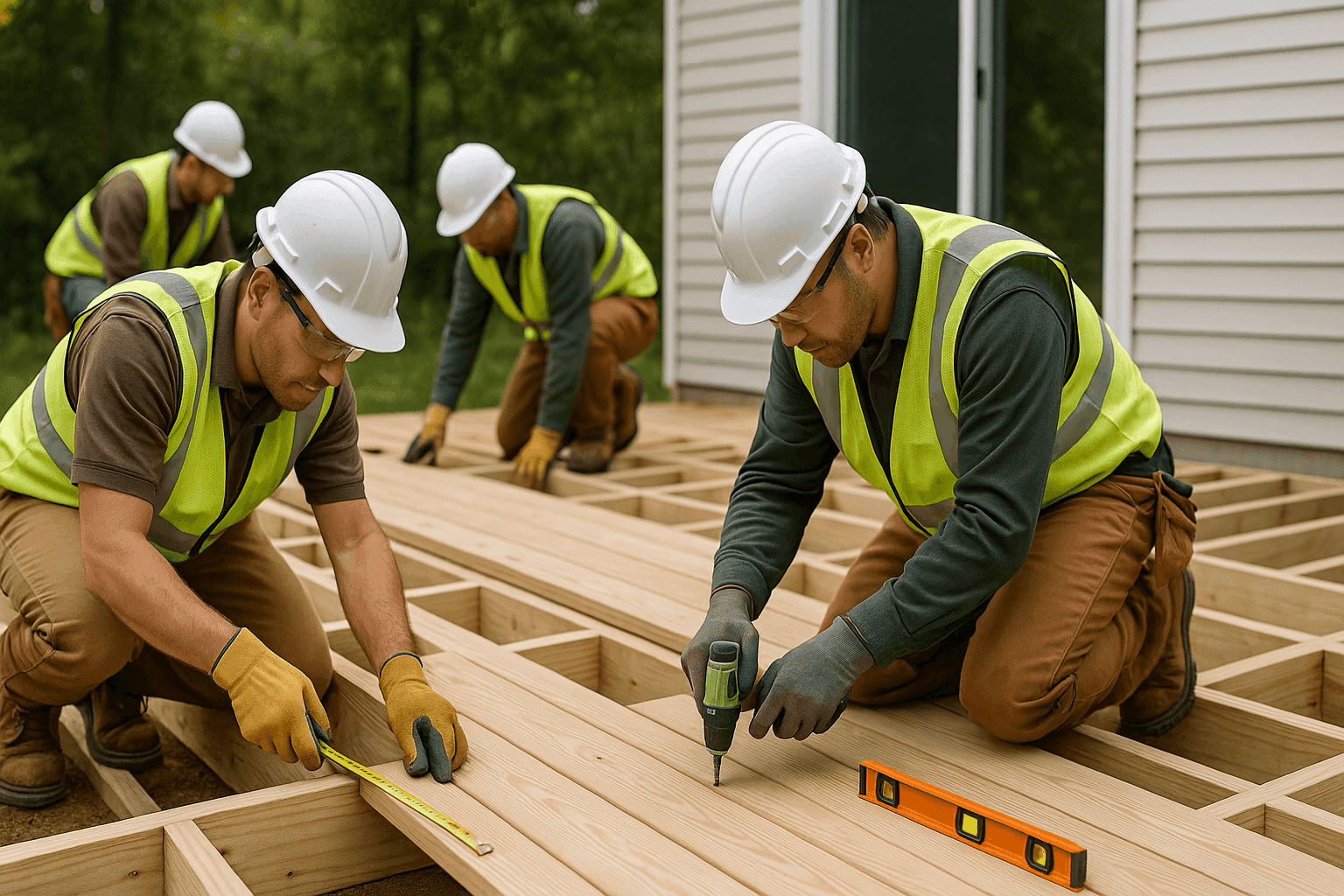 Construction crew measuring and laying deck boards with tools on site