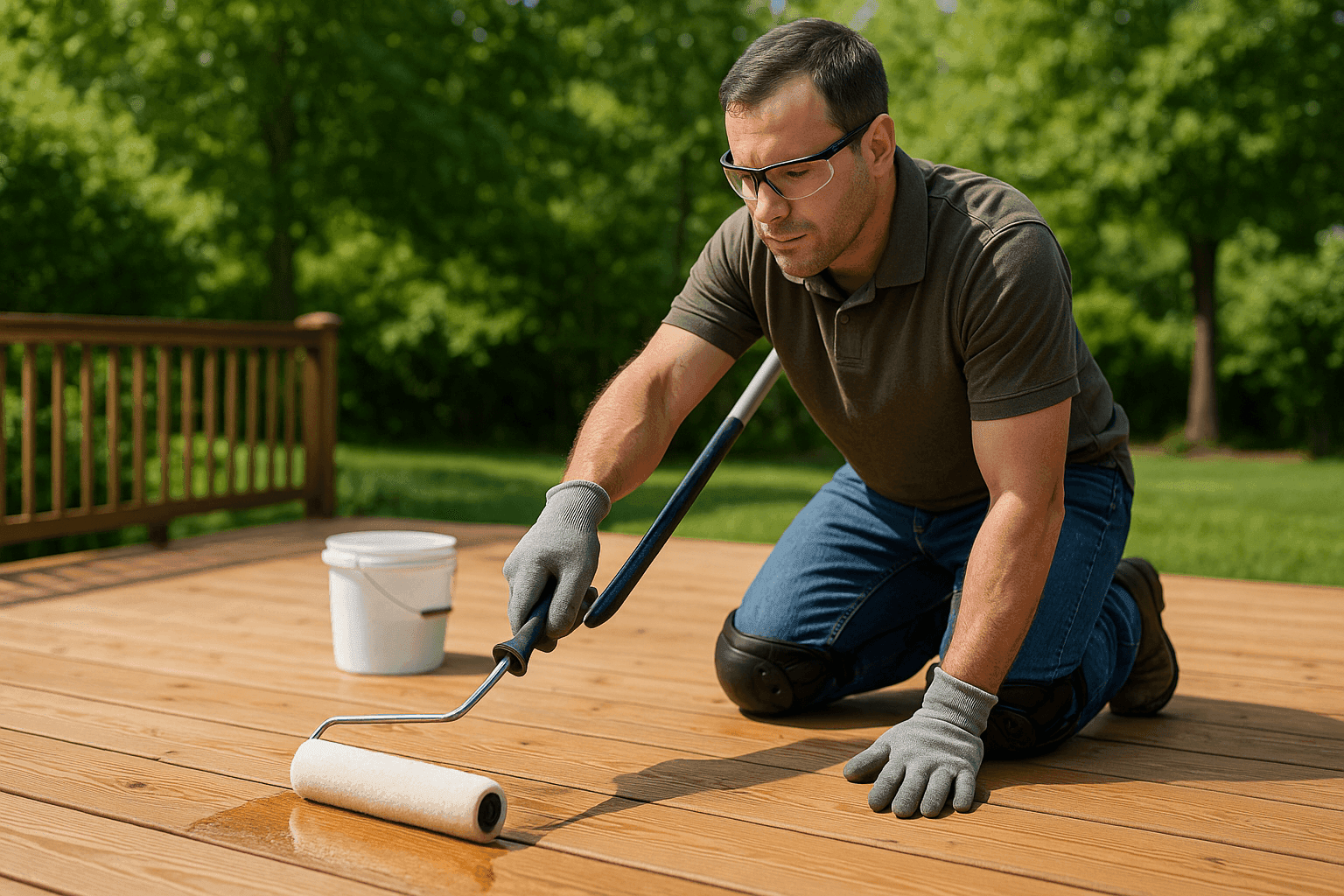 Professional cleaning and sealing a backyard deck during sunny weather