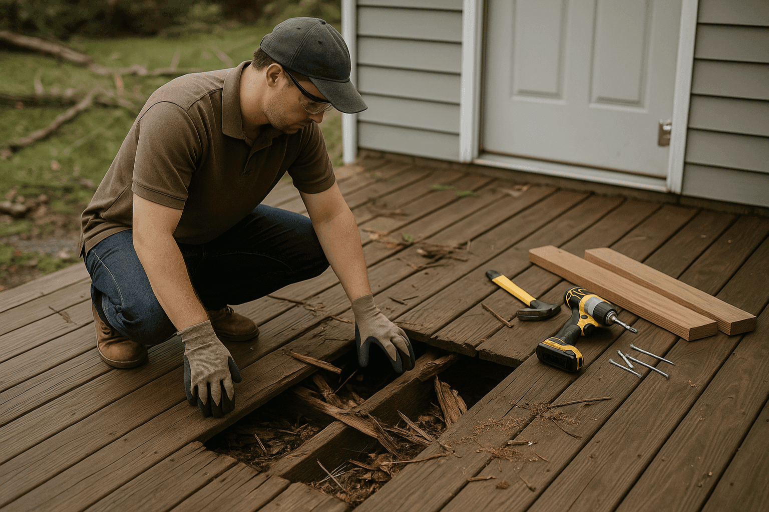 Homeowner examining storm-damaged wooden deck for emergency repairs