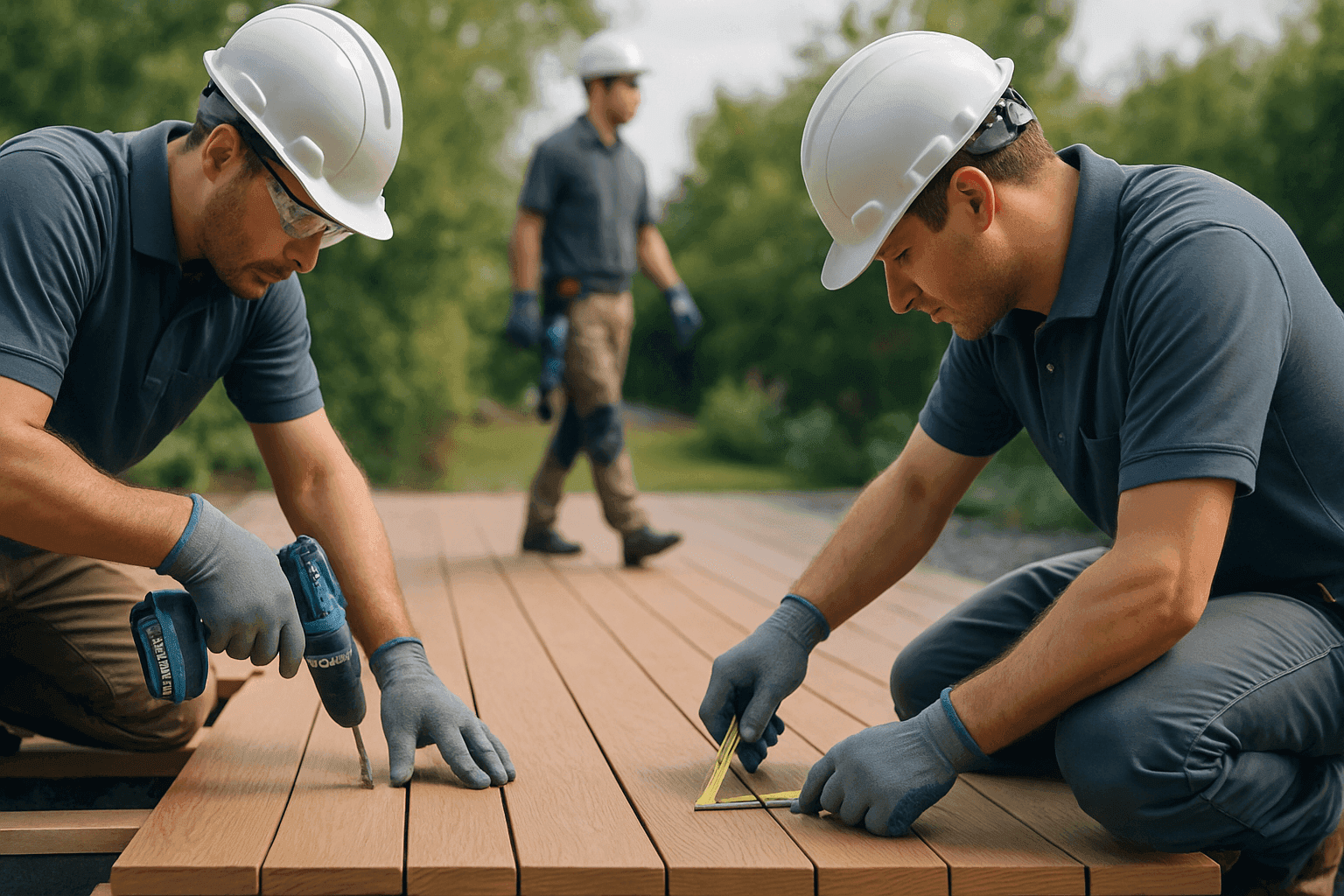 Professional workers installing natural wood deck on a clean residential outdoor site